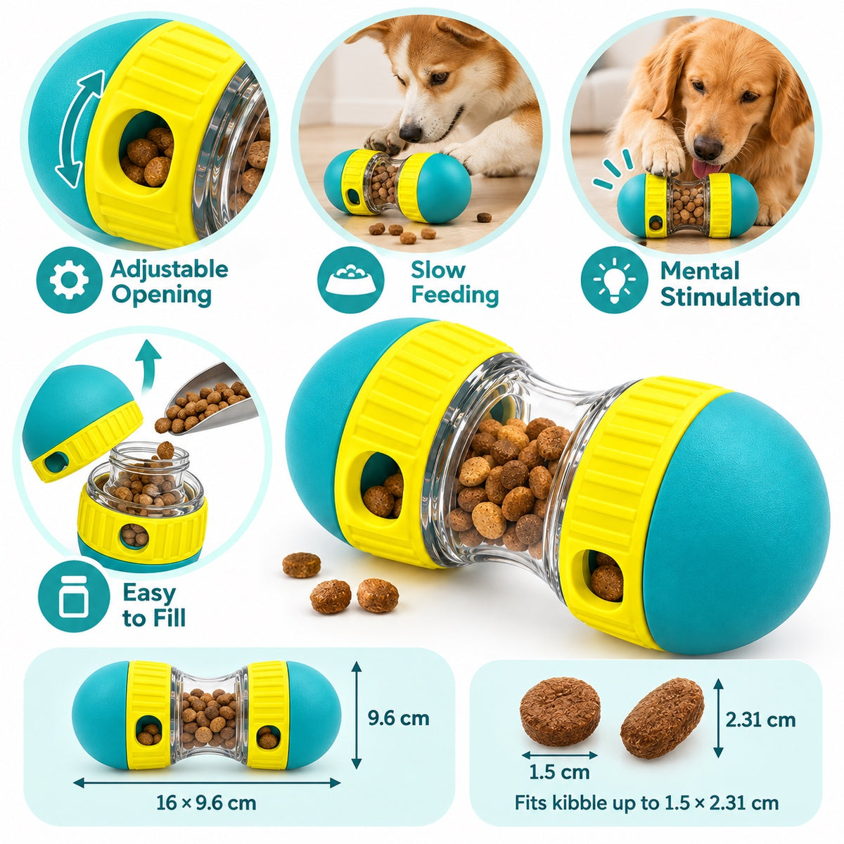 Adjustable dog treat dispenser features and dimensions