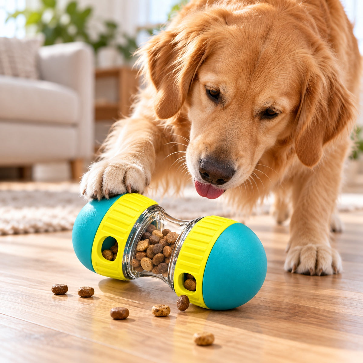 Golden retriever playing with adjustable dog treat dispenser