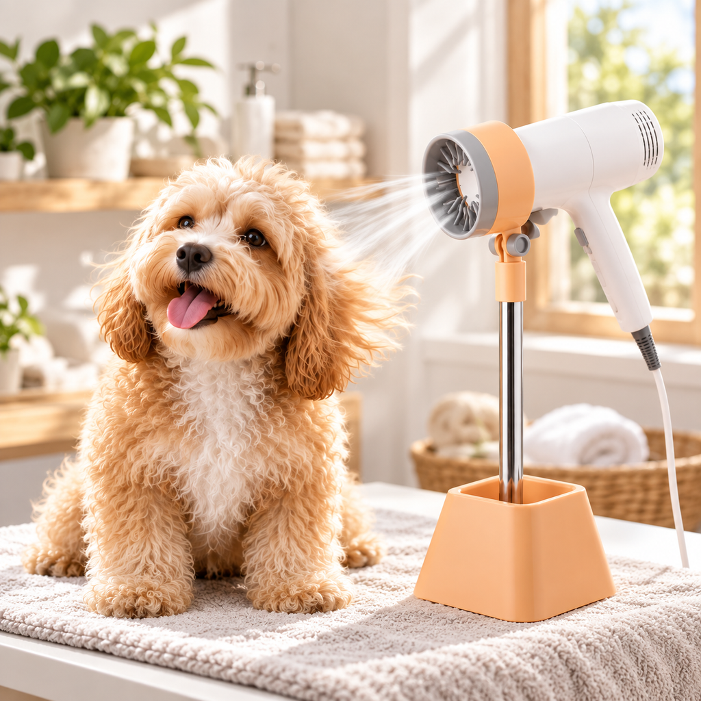 Pet hair dryer stand in use with a dog