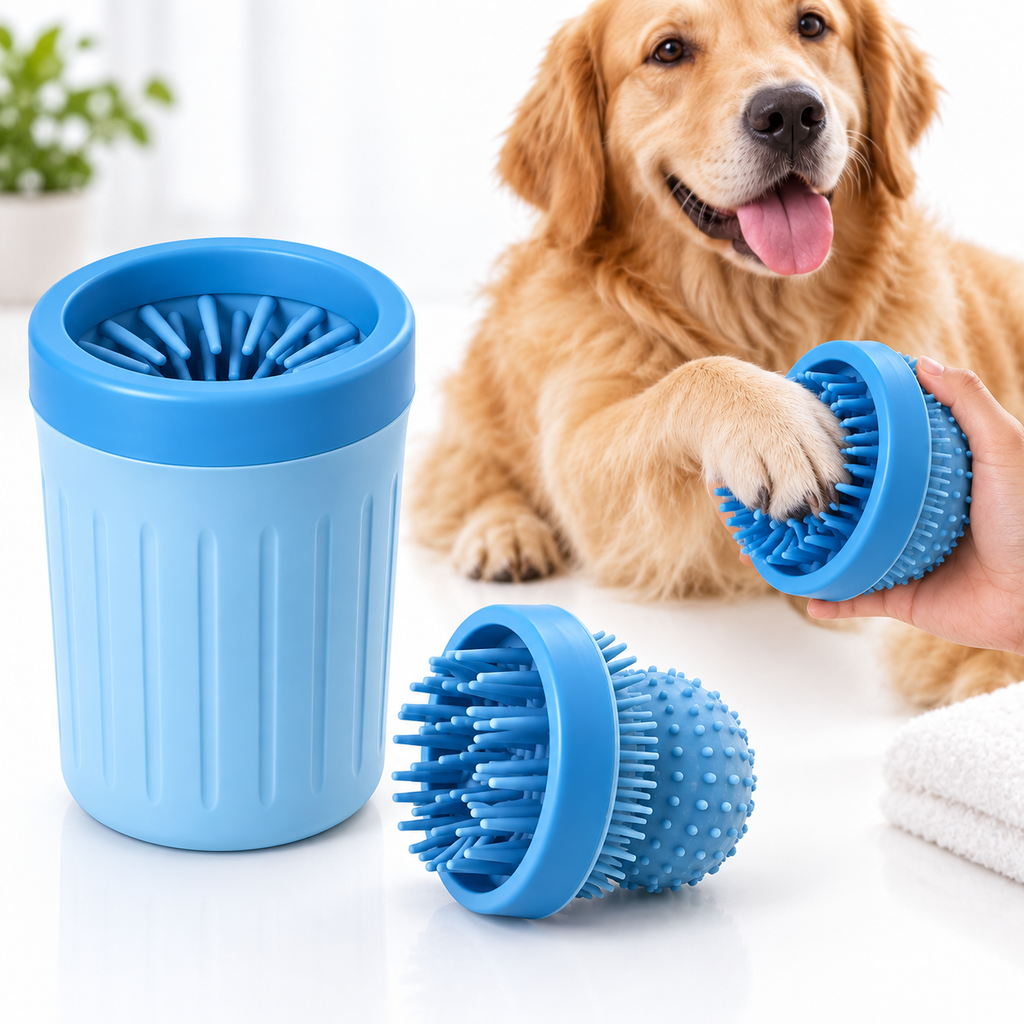 Dog using the 2-in-1 paw cleaner cup at home
