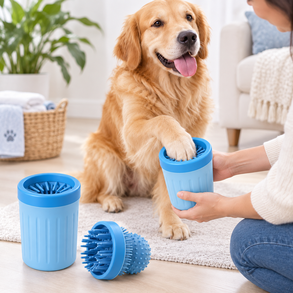 2-in-1 dog paw cleaner cup shown during paw cleaning