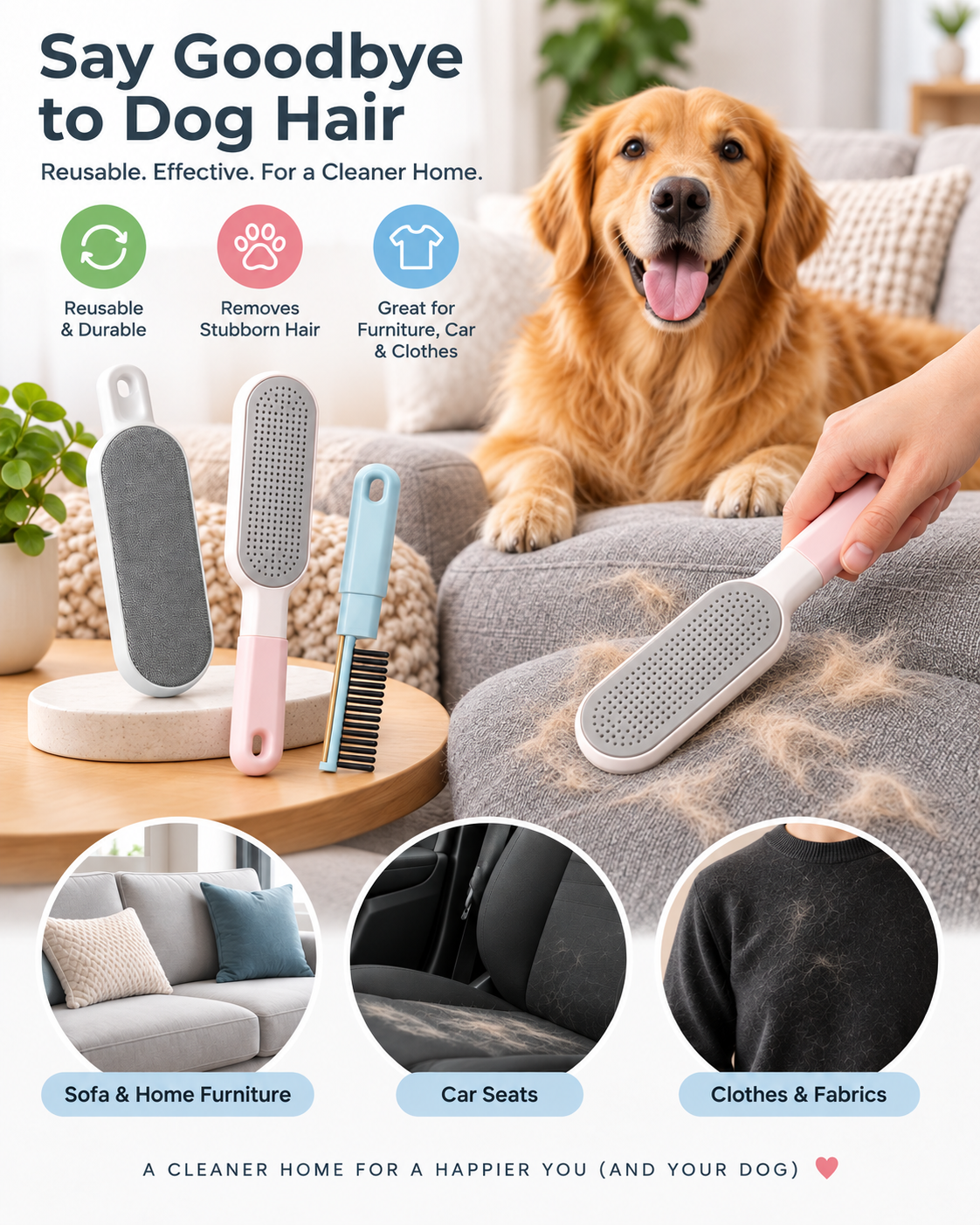 Reusable pet hair remover brush for dog hair on sofa, car seats and clothes