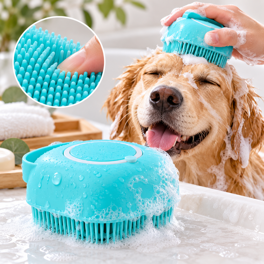 Silicone dog bath brush being used during bath time